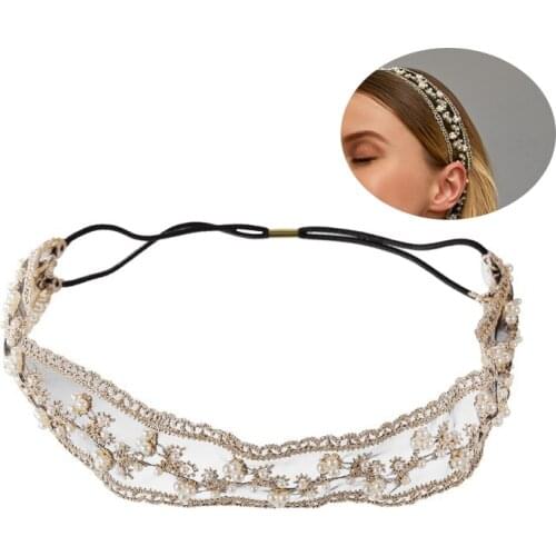 QCOOLJLY Fashion Women White Black Lace Headband Simulated Pearl Hair Head Bands Wide Bridal Elastic Headwear Hair Accessories
