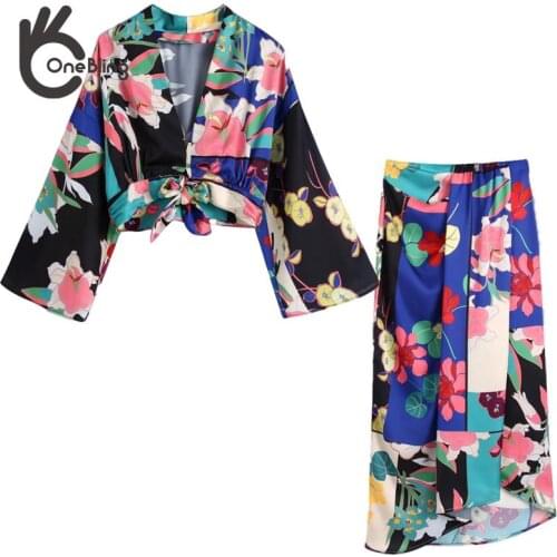 OneBling 2021 Za Woman Traf Suit Female Summer Floral Print Casual Beach 2 Piece Sets Kimono Sleeve Crop Tops + Long Maxi Skirt
