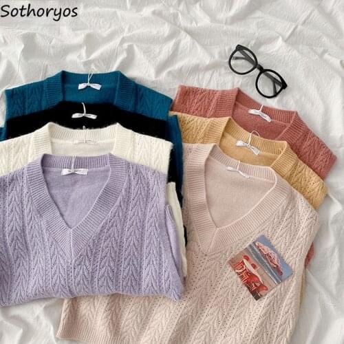 Women Solid Sweater Vests Knitted Simple Basic All-match Korean Style Elegant Tender Retro Hollow Out Loose Casual Cozy Ulzzang