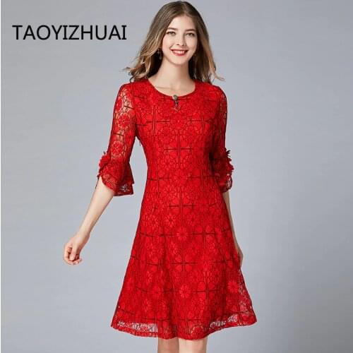 TAOYIZHUAI casual style lace women dress plus size flare sleeves o neck loose waist flower print a line hollow out female