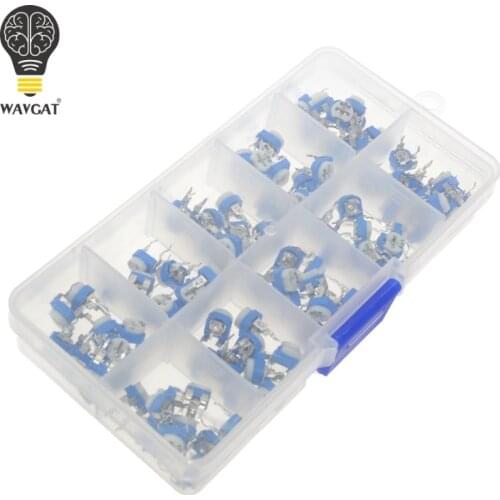 100Pcs/Box RM065 Carbon Film Horizontal Trimpot Potentiometer Assortment Kit 10 Values Variable Resistor 500R - 1M