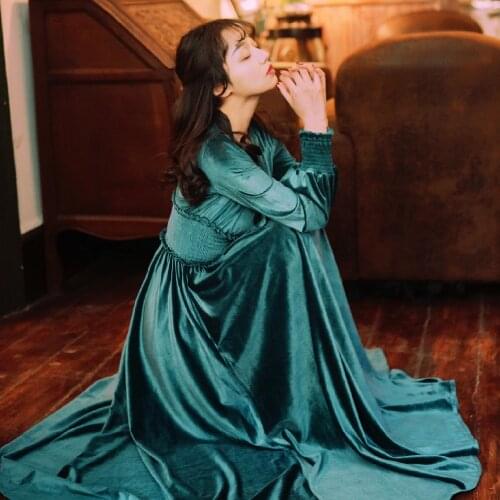 Free ship vintage green velvet bowknot vintage long dress medieval dress elastic waist