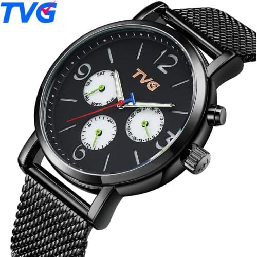 TVG Fashion Simple Mens Watches Top Brand Luxury Black Quartz Watch Men Waterproof Stainless Steel Sports Clock Men Wristwatch