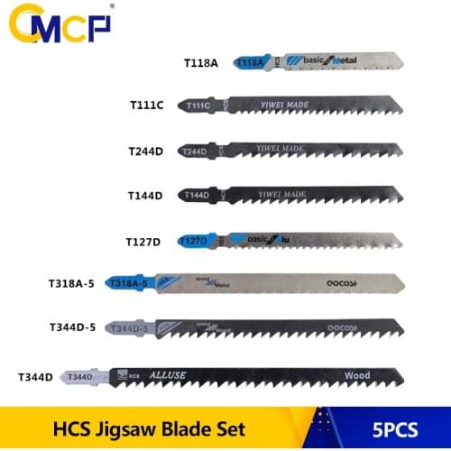 CMCP 5pcs HCS Jigsaw Blades Wood Cutter Saw Blade T-Shank Jig Saw Blade Set 111C 118A 127D 144D 244D 318A 344D For Wood Plastic