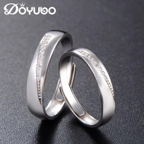 DOYUBO Fashion 925 Sterling Silver Lovers Rings Adjustable Size Pure Silver Couples Rings With Cubic Zirconia Wedding Ring VB262