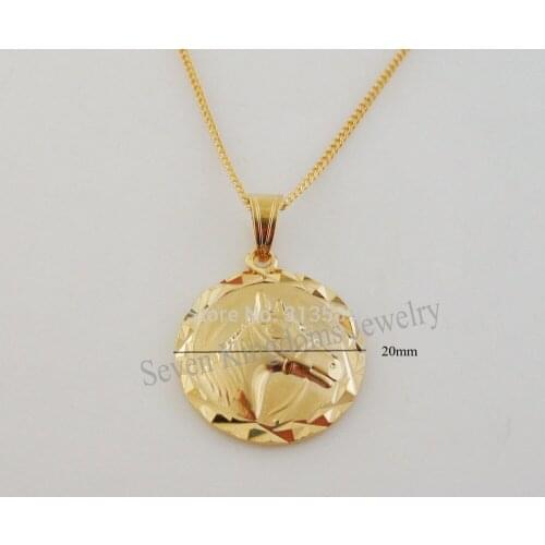 Foromance/ YELLOW GOLD GP color OVERLAY 18" NECKLACE&VIVID NOBLE HORSE CARVED ROUND PENDANT/Great gift