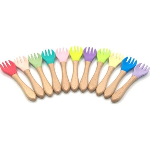 2PCS Baby Bamboo Fork Silicone Wooden Baby Feeding Spoon Toddlers Infant Feeding Accessories Organic BPA Free Food Grade Materia