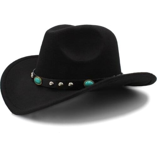 LUCKYLIANJI Men Women Retro Wool Felt Western Cowboy Hat Wide Brim Cowgirl Kallaite Braid Leather Band (Size:57cm,Adjust Rope)