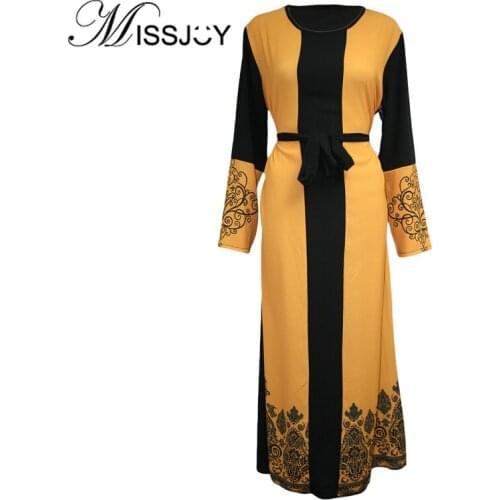 MISSJOY New 2019 Patchwork Muslim Women Dresses Arab Abaya O-Neck With Sashes Printed Elegant Turkish Middle Eastern Female Robe