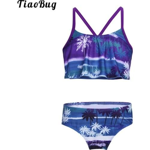 Fashion Summer Kids Girls 2Pcs Tankini Tropical Palm Printed Flounce Swimsuit Swimwear Bathing Suit Set Tops With Bottoms
