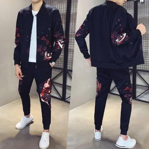 Mens Korean Style Fashion Printed Jacket Pants Set Men Casual Cardigan Two-piece Moda Hombre 2020 Sweat Suit Autumn Tracksuit
