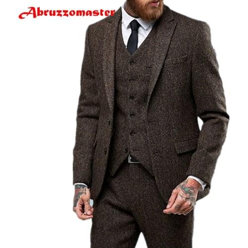 Abruzzomaster Dark Brown Herringbone Men Suit British Style Modern Blazer 3 Pieces Wedding Suits Tweed Groom Suits