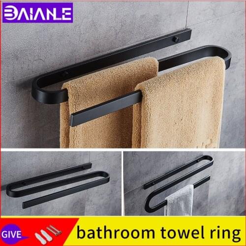Toilet towel rack black square wall mounted bathroom fixture thickening double towel ring holder washroom shelves storage rack