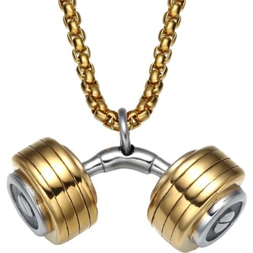 Stainless Steel Gold Dumbbell Bending Fitness Pendant Necklace Jewelry Men Punk Rock Barbell Jewelry Gift For Him with Chain