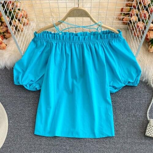 One-line Neck Pleated Slim Waist Short Puff Sleeve Shirt Womens Summer 2021 All-match Loose Belly Cover Top