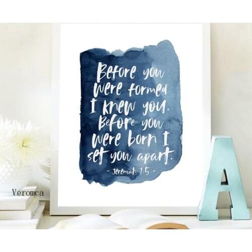 Nursery Bible Verse Jeremiah 1: 5 Quote Canvas Print Watercolor Art Poster Painting Scripture Baby Room Decor Boys Baptism Gifts