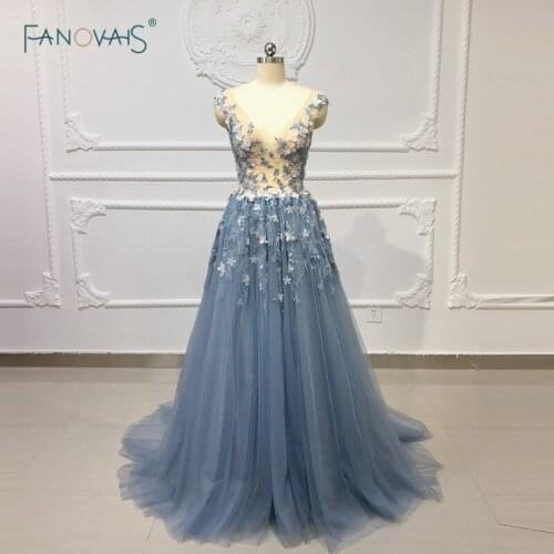 Sheer Evening Dresses Long 2019 Prom Dresses 3d Flower Beaded Lace Evening Gown Dress Elegant Party Gown Vestido de Fiesta NE20