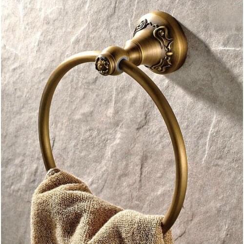 Vintage Antique Brass Bathroom Wall Mounted Towel Ring Holder Bathroom Accessories Bath Hardware Carved Flower Base mba428