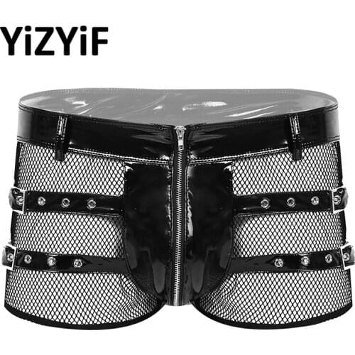 Sexy Mens Boxer Shorts Underwear Wet Look Patent Leather Lingerie Low Rise Fishnet Spliced Front Zip Up Boxershorts Underpants