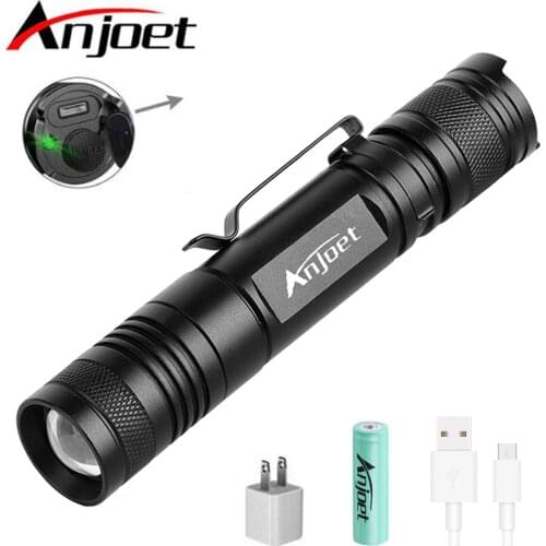 Anjoet XML T6 LED Tactical Flashlight 5 Modes Aluminum Torch Waterproof Zoomable USB Rechargeable 18650 Light Camping Lantern