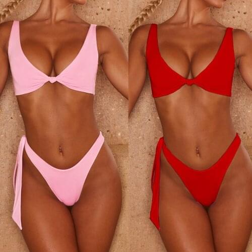 Teeuiear v neck bandage push up bikinis Women Sexy Bikini Set Casual knot low waist Bathing Suit Swimsuit biquini Thong Swimwear