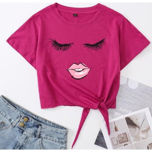 Eyelashes With Lips Eye Lash Crop Top Womens Summer Short-sleeve Print Cotton T-shirt Cropped Tops Graphic Tee with Front Knot