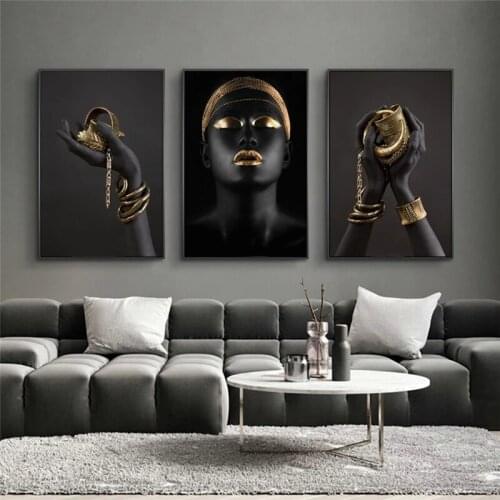 African Woman holding Golden Jewelry Canvas Art Paintings on the Wall Art Posters and Prints Black Woman Art Pictures Home Decor