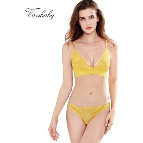 Varsbaby French underwear thin cup lace bra soft cup underwear lace flower thong no steel ring bra set