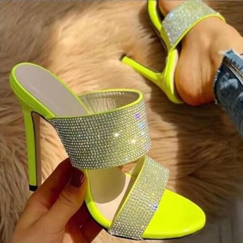 Women sandals PU Slip On 11cm Thin Heels High heels Round Toe Rhinestones Shallow zapatos de mujer women shoes size 35-42