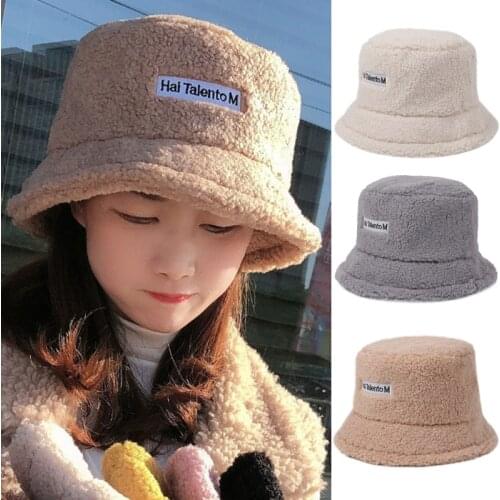 Women Winter Thicken Warm Faux Fleece Bucket Hat Letters Label Solid Color Harajuku Student Adjustable Fisherman Cap