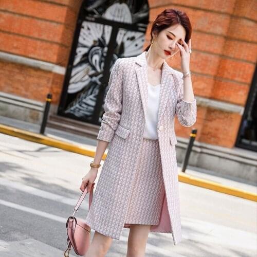 Temperament High Quality Womens Jacket Skirt Two-piece Suit Winter Elegant Long Plaid Ladies Jacket Slim-fit Skirt Female