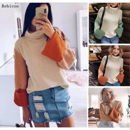 Patchwork turtleneck knitted sweaters female Casual long sleeve korean pullover jumper Women streetwear ladies sweater