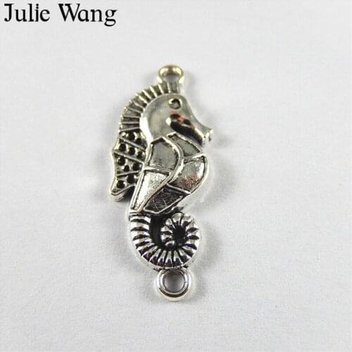 Julie Wang 10PCS Antique Silver Seahorse Connector Pendant Alloy DIY Fashion Charm Bracelet Necklace Jewelry Accessories