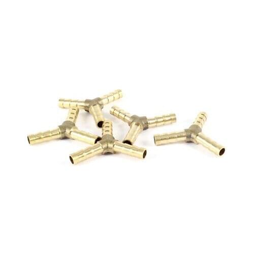 5pcs 6mm Hose Y Shape 3 Ways Air Gas Brass Barb Fitting Connector Gold Tone
