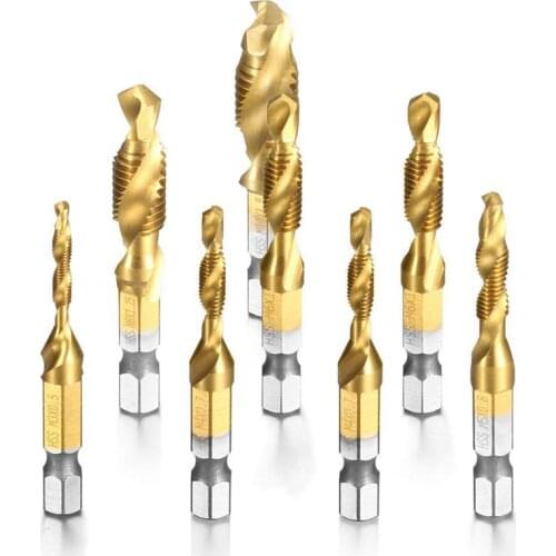 8pcs HSS Countersink Tap Drill Bit Set, Combination Hex Shank Titanium Screw Thread Metric Tap Drill for Wood Plastic Aluminum C