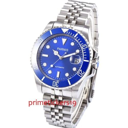 Automatic mechanical 40mm parnis blue dial blue ceramic bezel sapphire glass luminous mens wristwatches