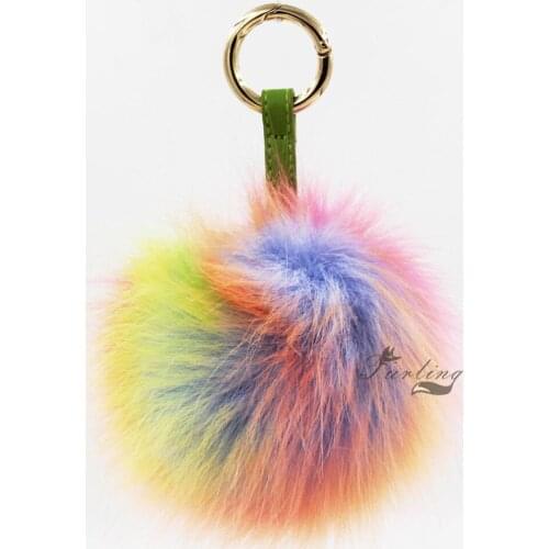Furling 1PC Large Magic Multicolored Faux Fox Fur Fluffy Pom poms Ball Real Leather Ring Keychain Key Ring Handbag Charm