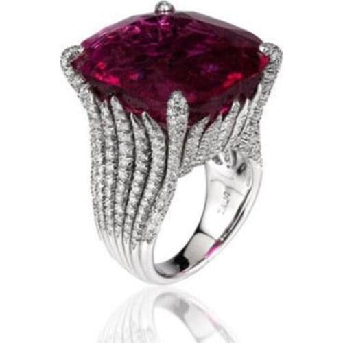 MOONROCY Silver Color Trendy Rings Red Crystal Vintage Party CZ Wedding Ring for Women Gift Womens Girls Dropshipping Wholesale