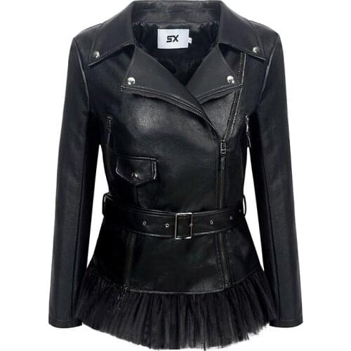 Women Spring Autumn Black Lace Hem Faux Leather Jacket Female Ladies Slim Motorcycle Biker Faux Leater Short Coat PU Clothes