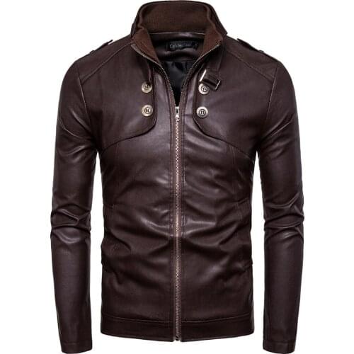 2020 Mew Men Leather Locomotive Wind Slim Body Collar Pocket Jacket Autumn Winter New Brown Black Color Size