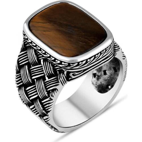 Men Silver Ring With Square Brown Tiger Eye Stone Made In Turkey Solid 925 Sterling Silver