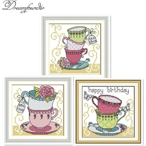 Teacup cross stitch kit aida 14ct 11ct count printed canvas stitches embroidery DIY handmade needlework