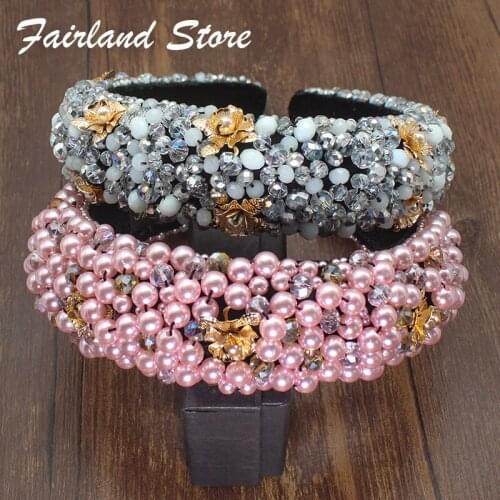 Fairland Handmade Baroque Rhinestones Padded Headbands Gold Flower Full Crystal Pink Pearl Beads Party Women Shiny Wide Hairband