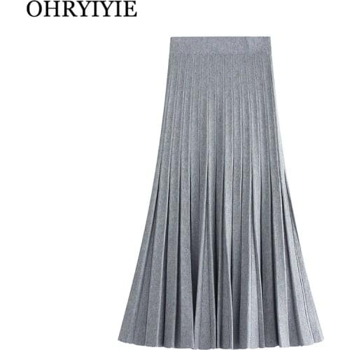 OHRYIYIE Gray Black Beige Autumn Winter Vintage Knitted A-Line Skirt Women Elegant Fashion Korean All-match Long Pleated Skirts