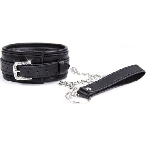 PU Leather Neck Collar with Shiny Buckle BDSM Fetish Bondage Diamond Sluts Slave Collar Leash Chain Restraint Punish Fun Game