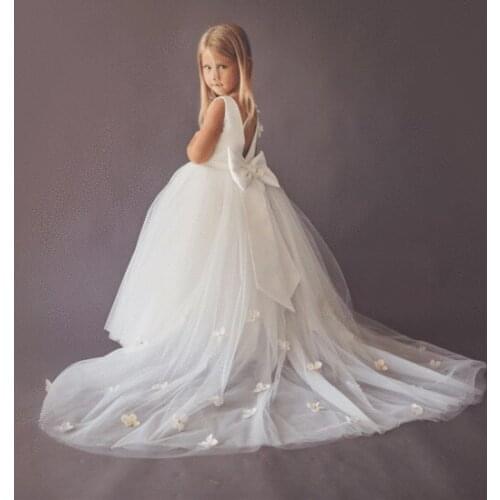 Ivory White Puffy Flower Girl Dress Backless Handmade Flowers Princess Party Gown For Girls Photography