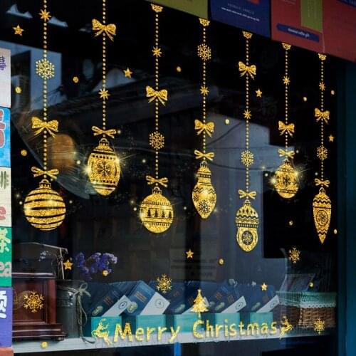 Hanging Golden Christmas Balls Decoration Window Glass Stickers Home Decor Self Adhesive PVC Murals