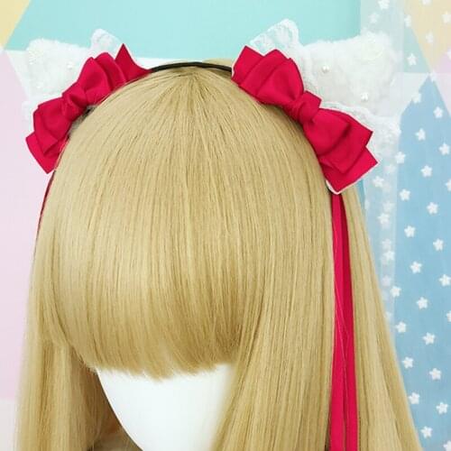 Lolita Cute Cat Ears Headband Handmade Lovely Ribbon Cos Hairbands for Girl Headwears Japanese Style Bow Hoop Hair Accessories