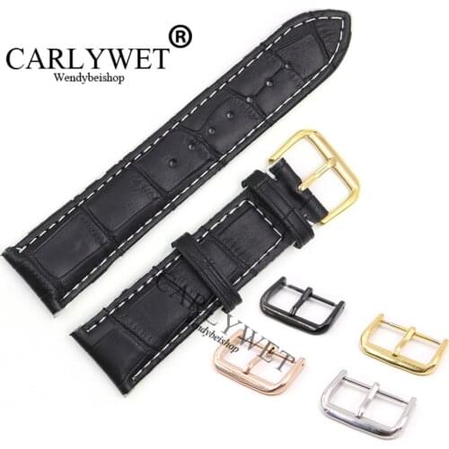 CARLYWET 18 20 22mm Black Real Leather Handmade White Stitches Replacement Watch Band Strap For Longines Armani CITIZEN Omega