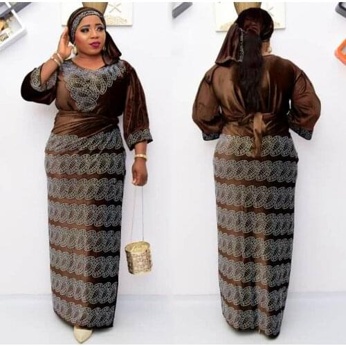 Richkeda Store New Party Dresses Plus Size Women Velvet Clothes 2021 New African Elegant Lady Outfit Top & Skirt & Turban Suit